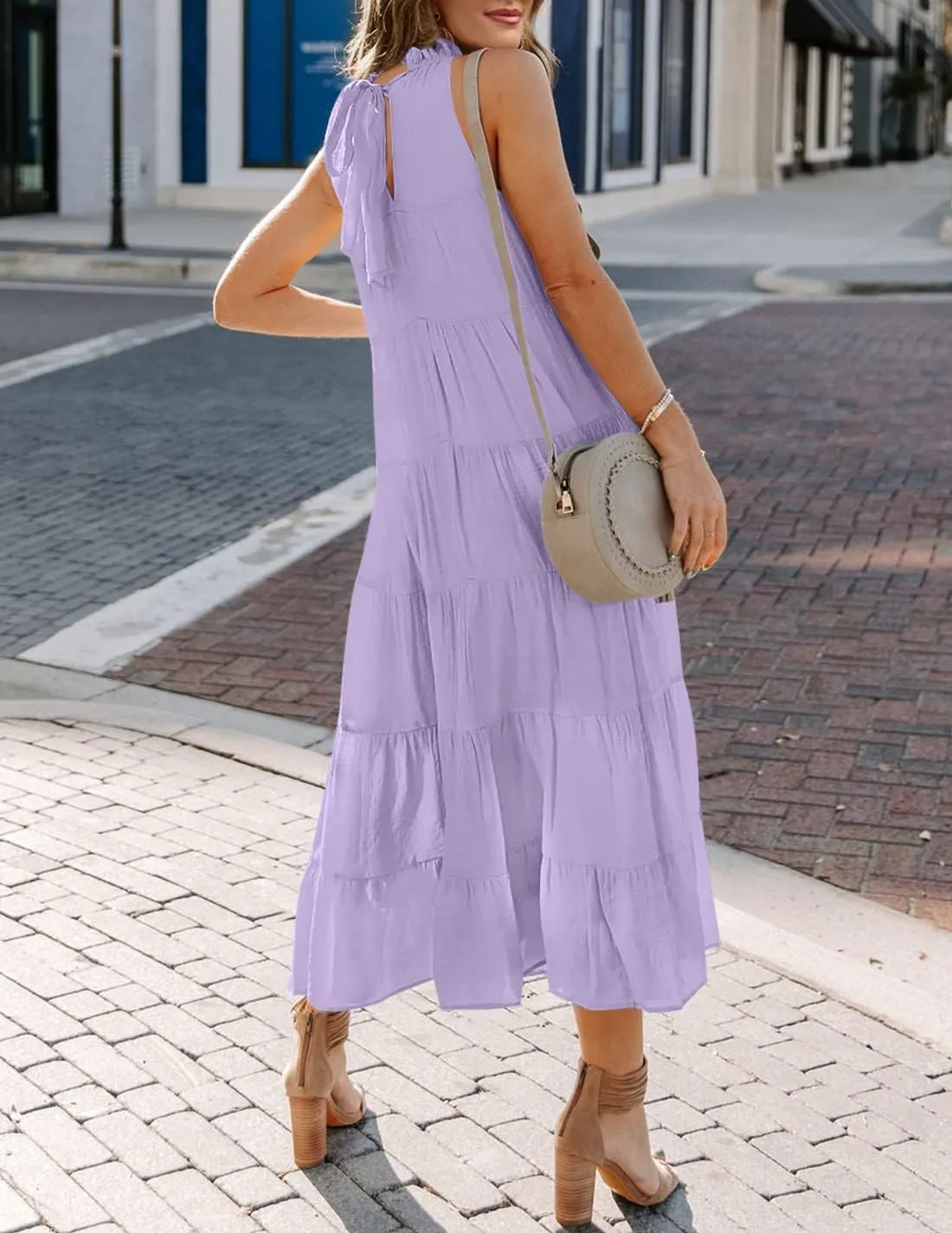HAEOF Women's Summer Sleeveless Halter Midi Maxi Dress Casual Pleated Tiered Flowy Beach Vacation Long Dresses Sundress