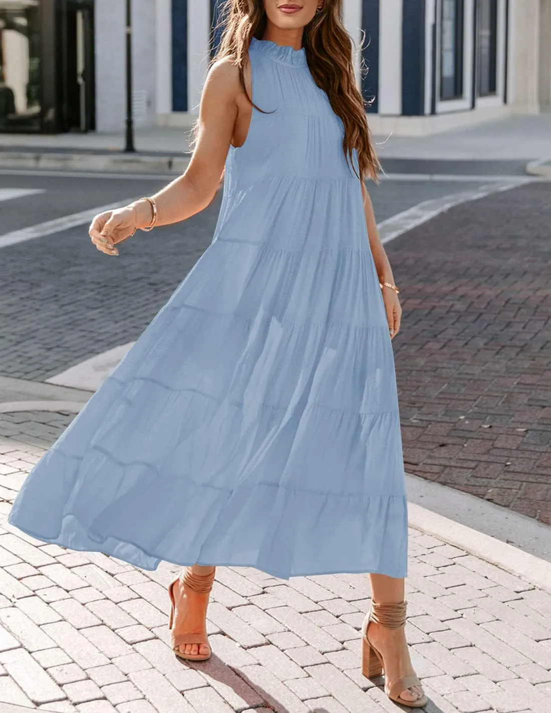 HAEOF Women's Summer Sleeveless Halter Midi Maxi Dress Casual Pleated Tiered Flowy Beach Vacation Long Dresses Sundress