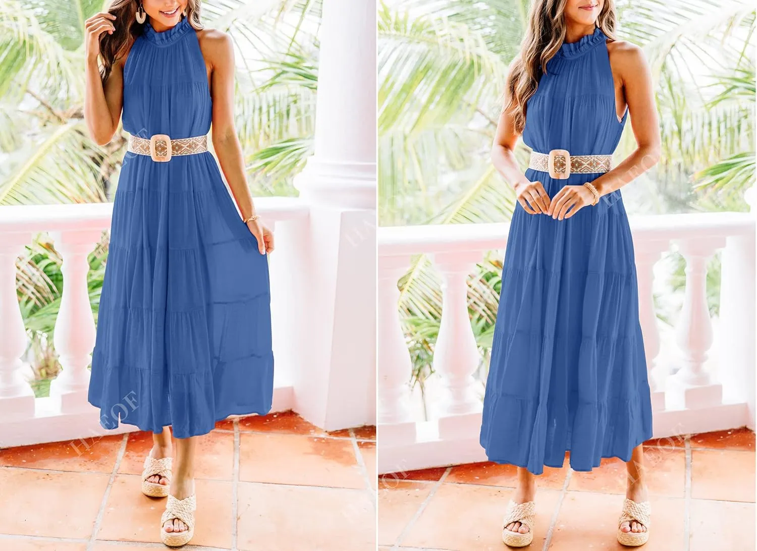 HAEOF Women's Summer Sleeveless Halter Midi Maxi Dress Casual Pleated Tiered Flowy Beach Vacation Long Dresses Sundress