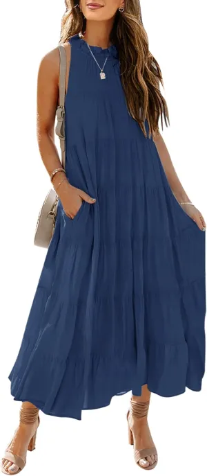 HAEOF Women's Summer Sleeveless Halter Midi Maxi Dress Casual Pleated Tiered Flowy Beach Vacation Long Dresses Sundress