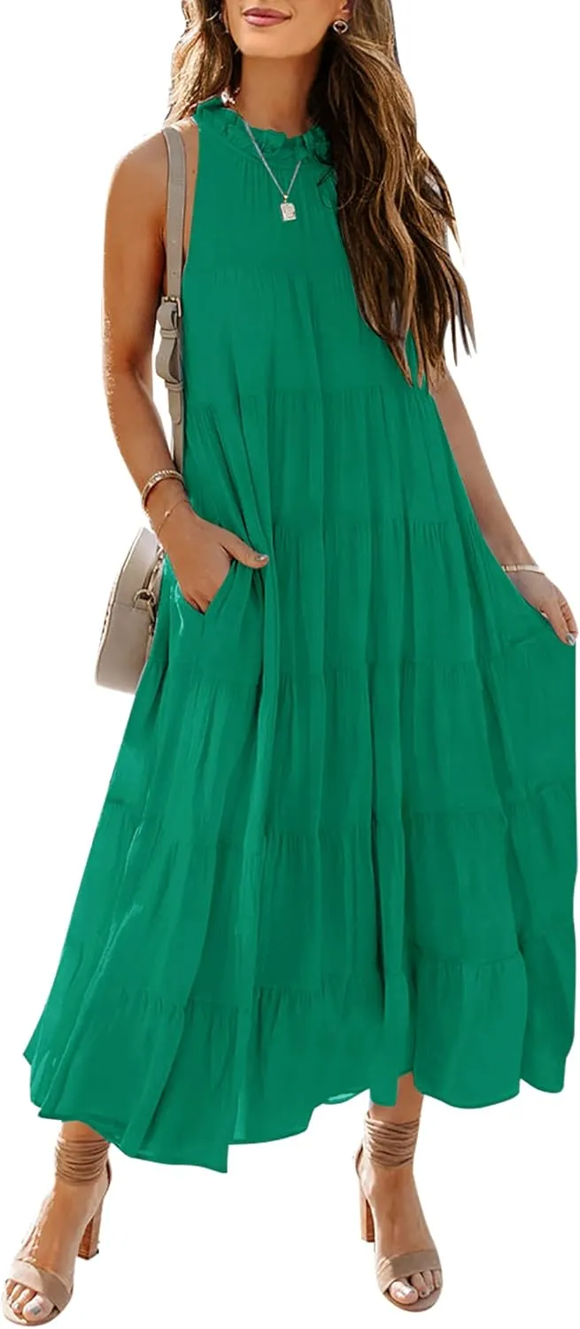 HAEOF Women's Summer Sleeveless Halter Midi Maxi Dress Casual Pleated Tiered Flowy Beach Vacation Long Dresses Sundress