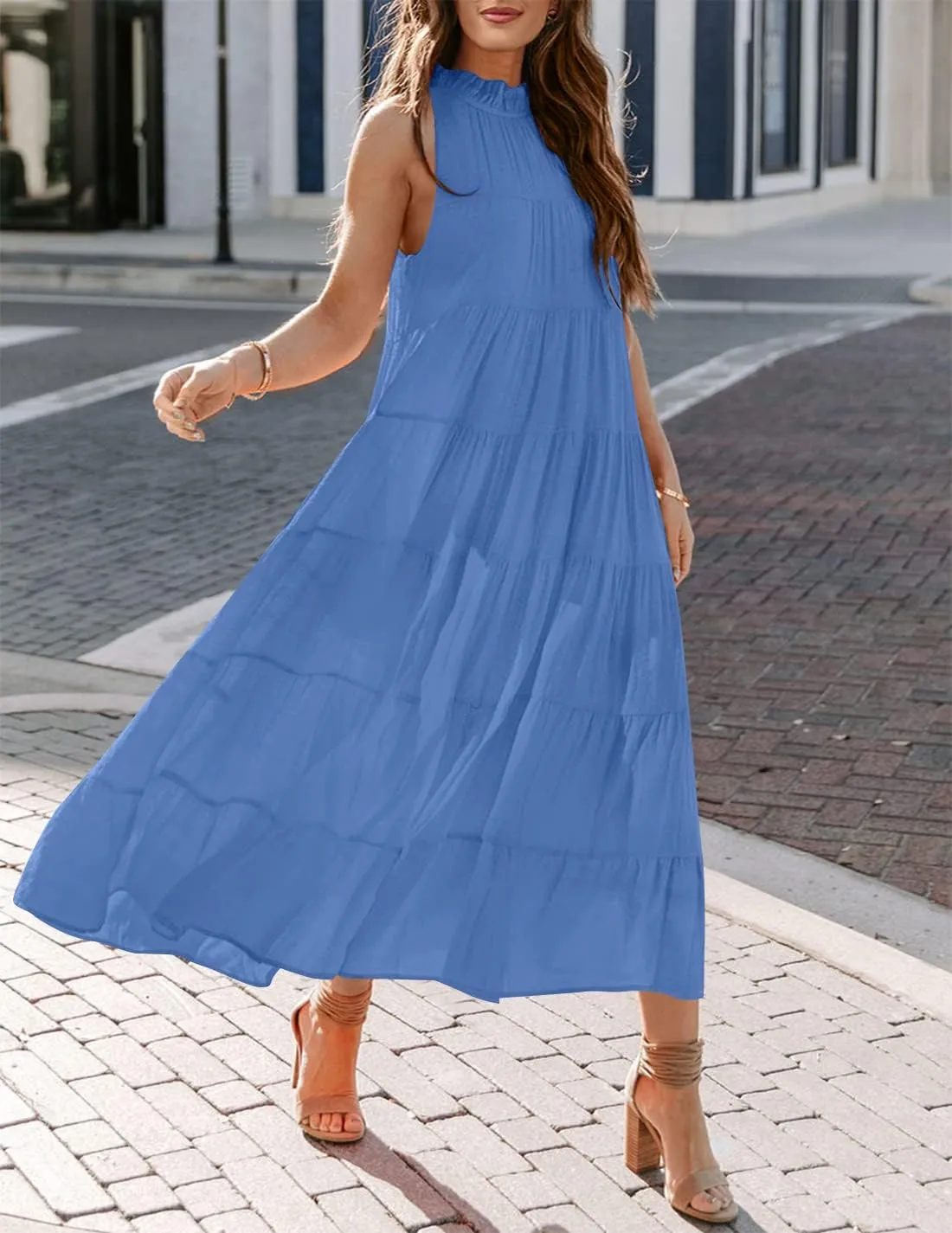 HAEOF Women's Summer Sleeveless Halter Midi Maxi Dress Casual Pleated Tiered Flowy Beach Vacation Long Dresses Sundress