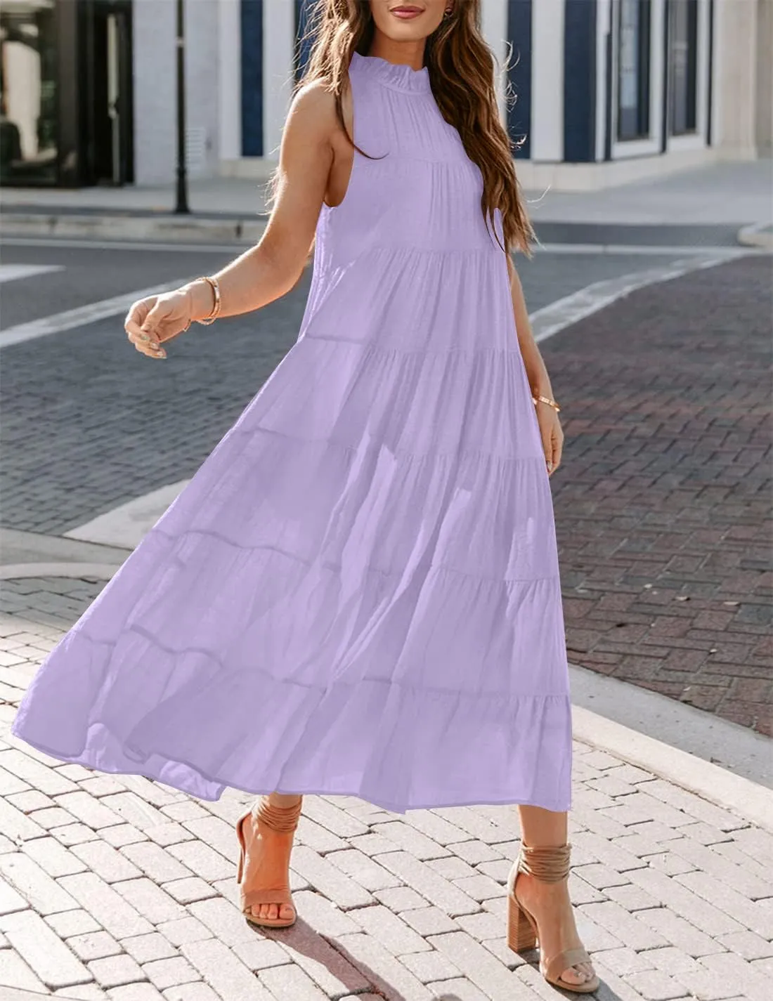 HAEOF Women's Summer Sleeveless Halter Midi Maxi Dress Casual Pleated Tiered Flowy Beach Vacation Long Dresses Sundress