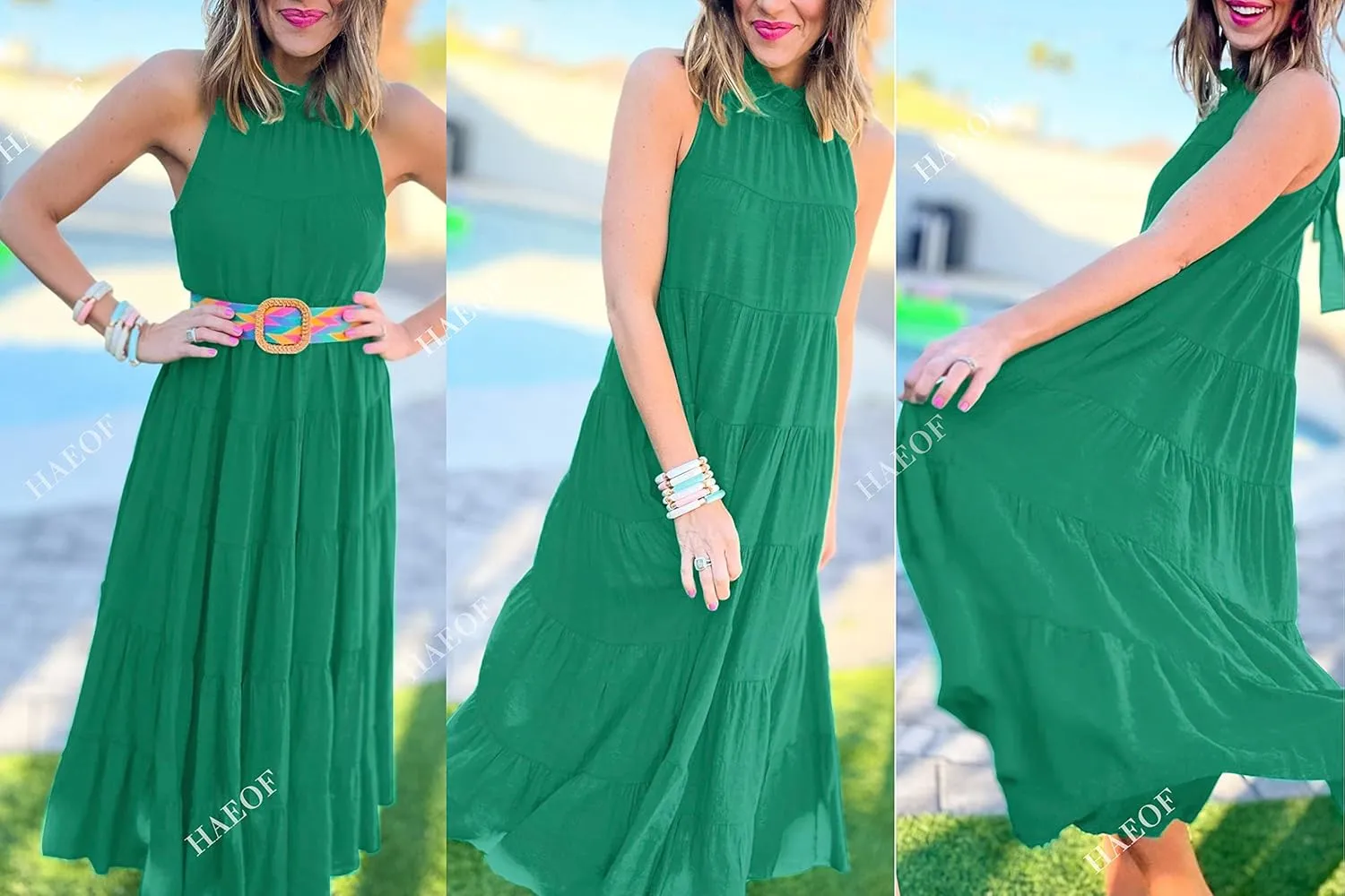 HAEOF Women's Summer Sleeveless Halter Midi Maxi Dress Casual Pleated Tiered Flowy Beach Vacation Long Dresses Sundress