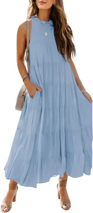 HAEOF Women's Summer Sleeveless Halter Midi Maxi Dress Casual Pleated Tiered Flowy Beach Vacation Long Dresses Sundress