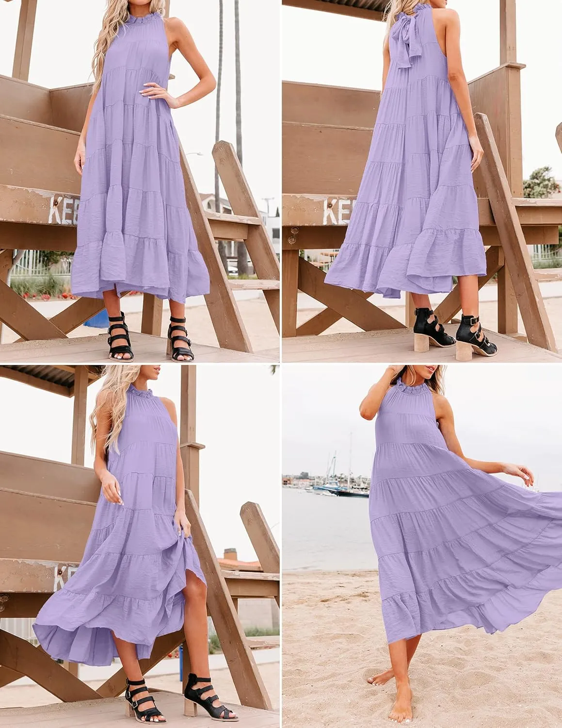 HAEOF Women's Summer Sleeveless Halter Midi Maxi Dress Casual Pleated Tiered Flowy Beach Vacation Long Dresses Sundress