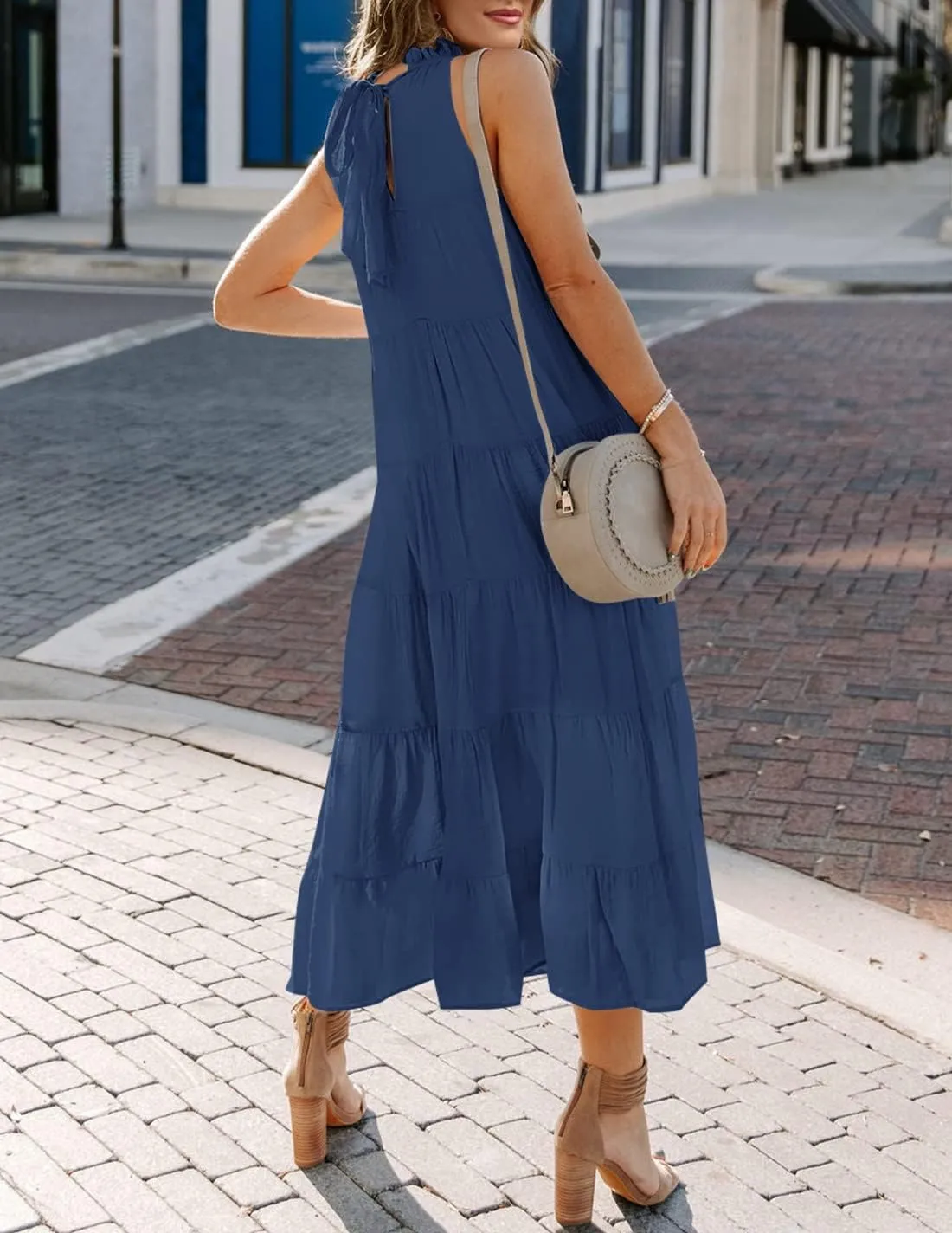 HAEOF Women's Summer Sleeveless Halter Midi Maxi Dress Casual Pleated Tiered Flowy Beach Vacation Long Dresses Sundress