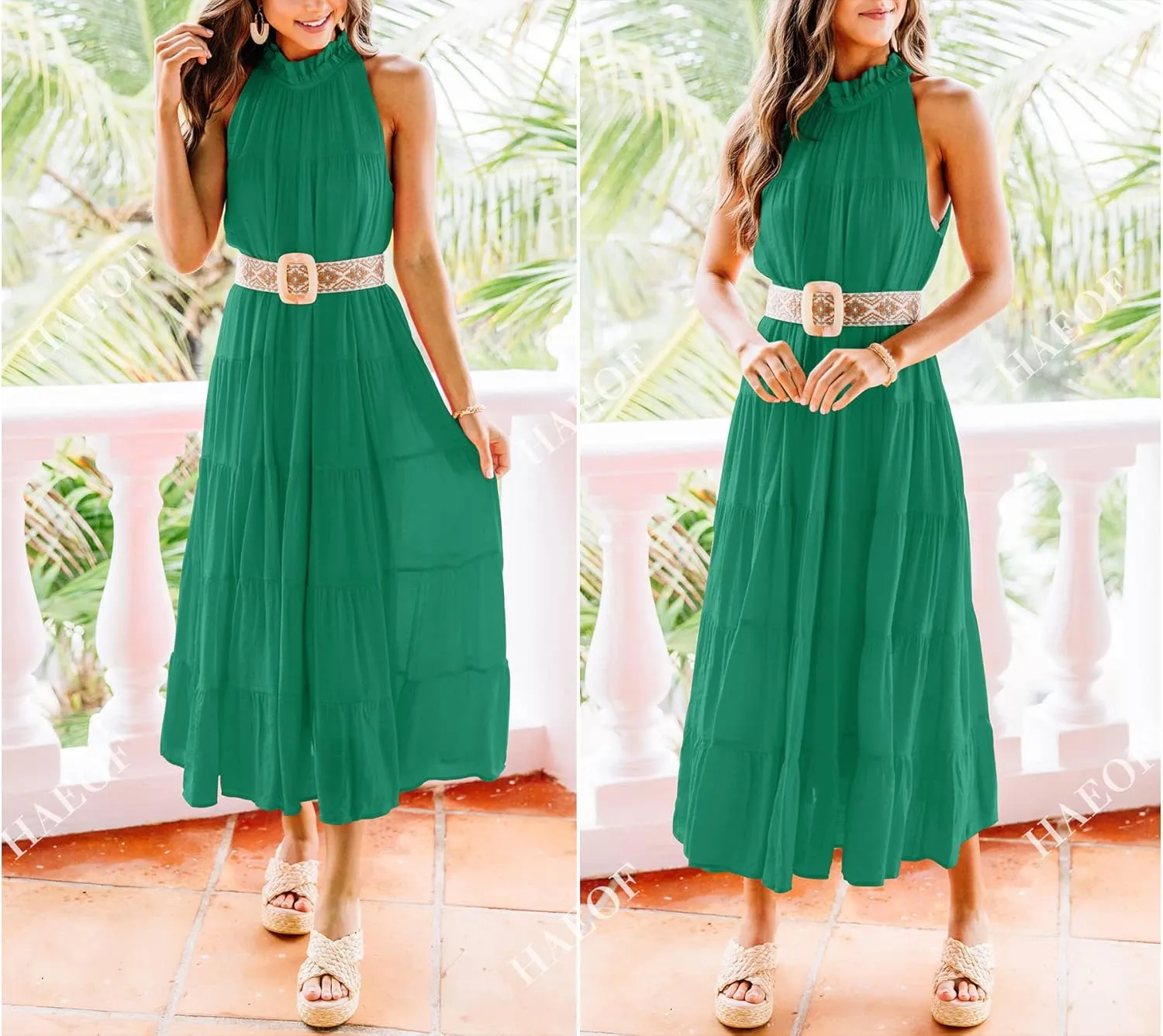 HAEOF Women's Summer Sleeveless Halter Midi Maxi Dress Casual Pleated Tiered Flowy Beach Vacation Long Dresses Sundress