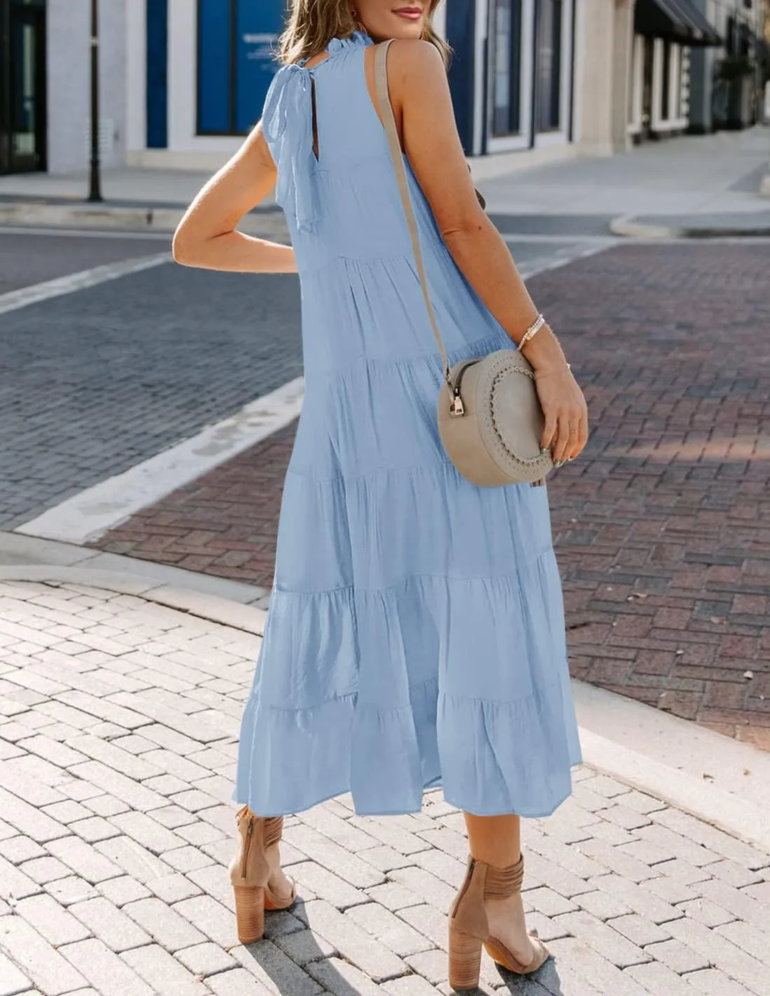 HAEOF Women's Summer Sleeveless Halter Midi Maxi Dress Casual Pleated Tiered Flowy Beach Vacation Long Dresses Sundress