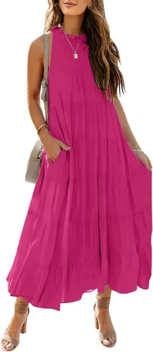 HAEOF Women's Summer Sleeveless Halter Midi Maxi Dress Casual Pleated Tiered Flowy Beach Vacation Long Dresses Sundress