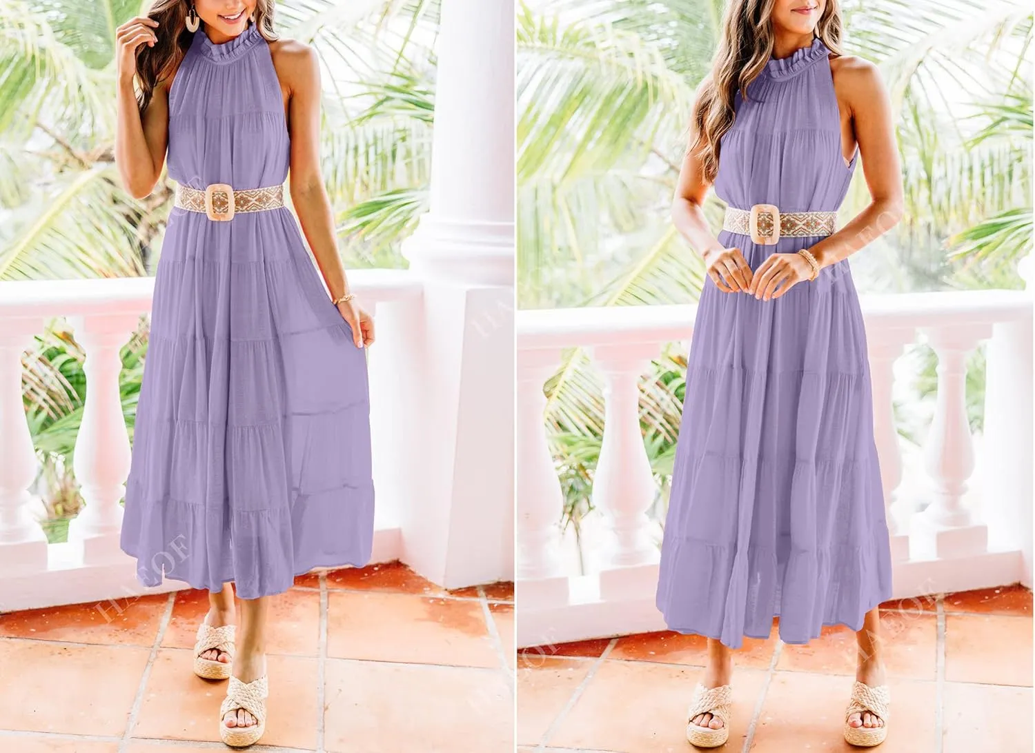 HAEOF Women's Summer Sleeveless Halter Midi Maxi Dress Casual Pleated Tiered Flowy Beach Vacation Long Dresses Sundress