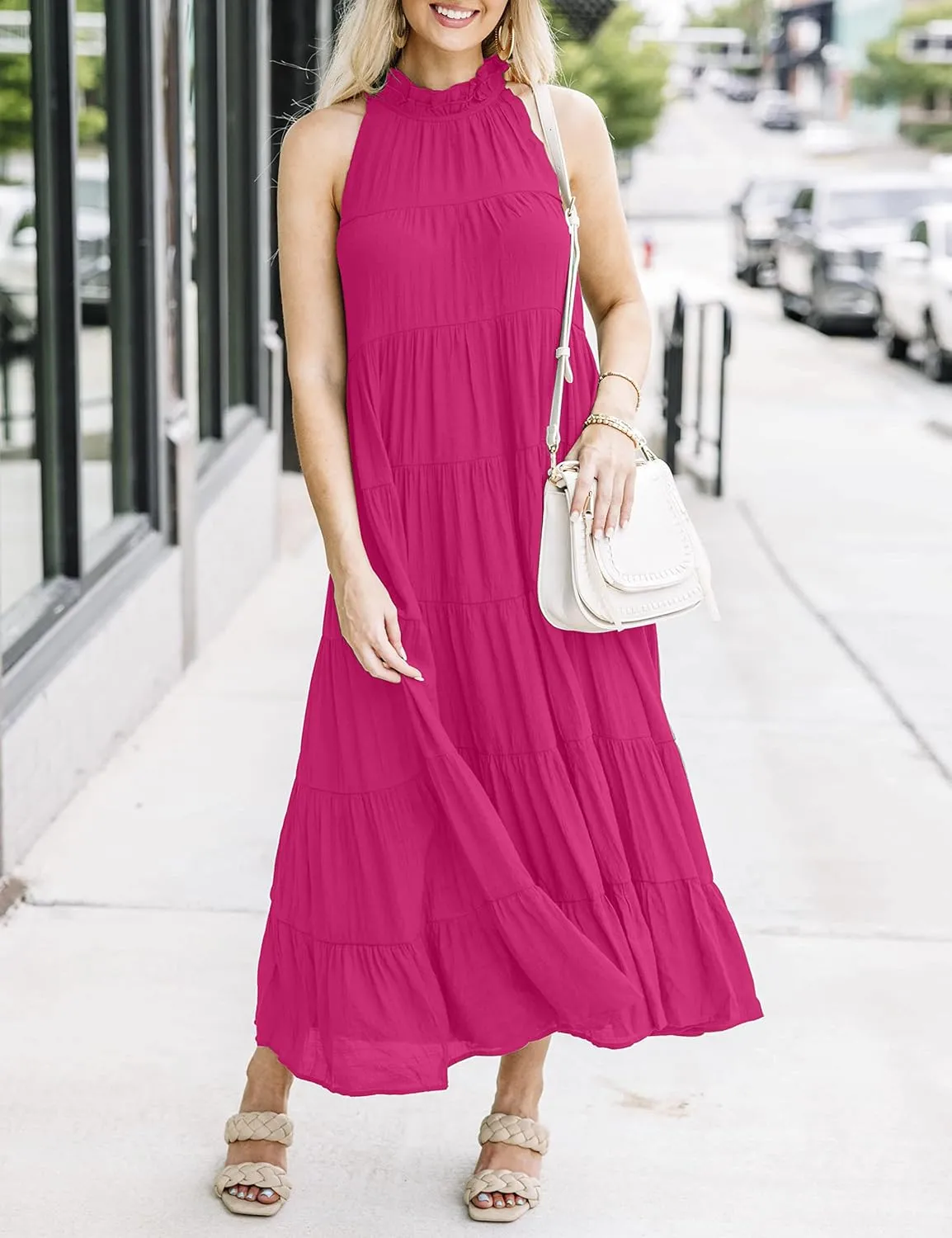 HAEOF Women's Summer Sleeveless Halter Midi Maxi Dress Casual Pleated Tiered Flowy Beach Vacation Long Dresses Sundress