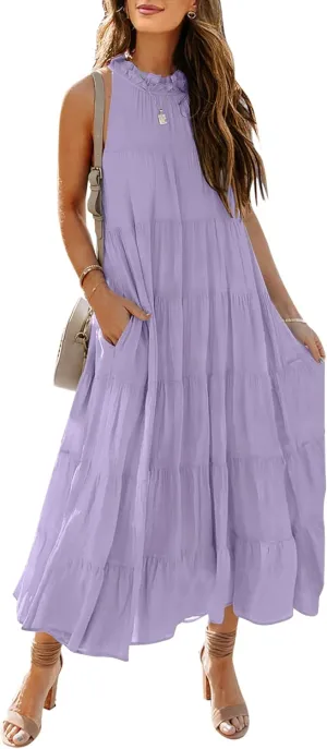 HAEOF Women's Summer Sleeveless Halter Midi Maxi Dress Casual Pleated Tiered Flowy Beach Vacation Long Dresses Sundress
