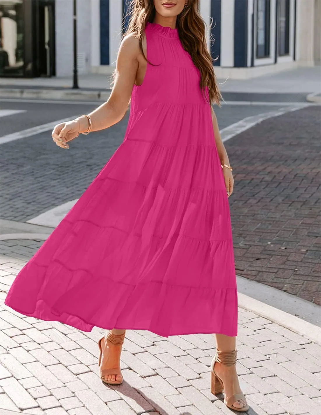 HAEOF Women's Summer Sleeveless Halter Midi Maxi Dress Casual Pleated Tiered Flowy Beach Vacation Long Dresses Sundress