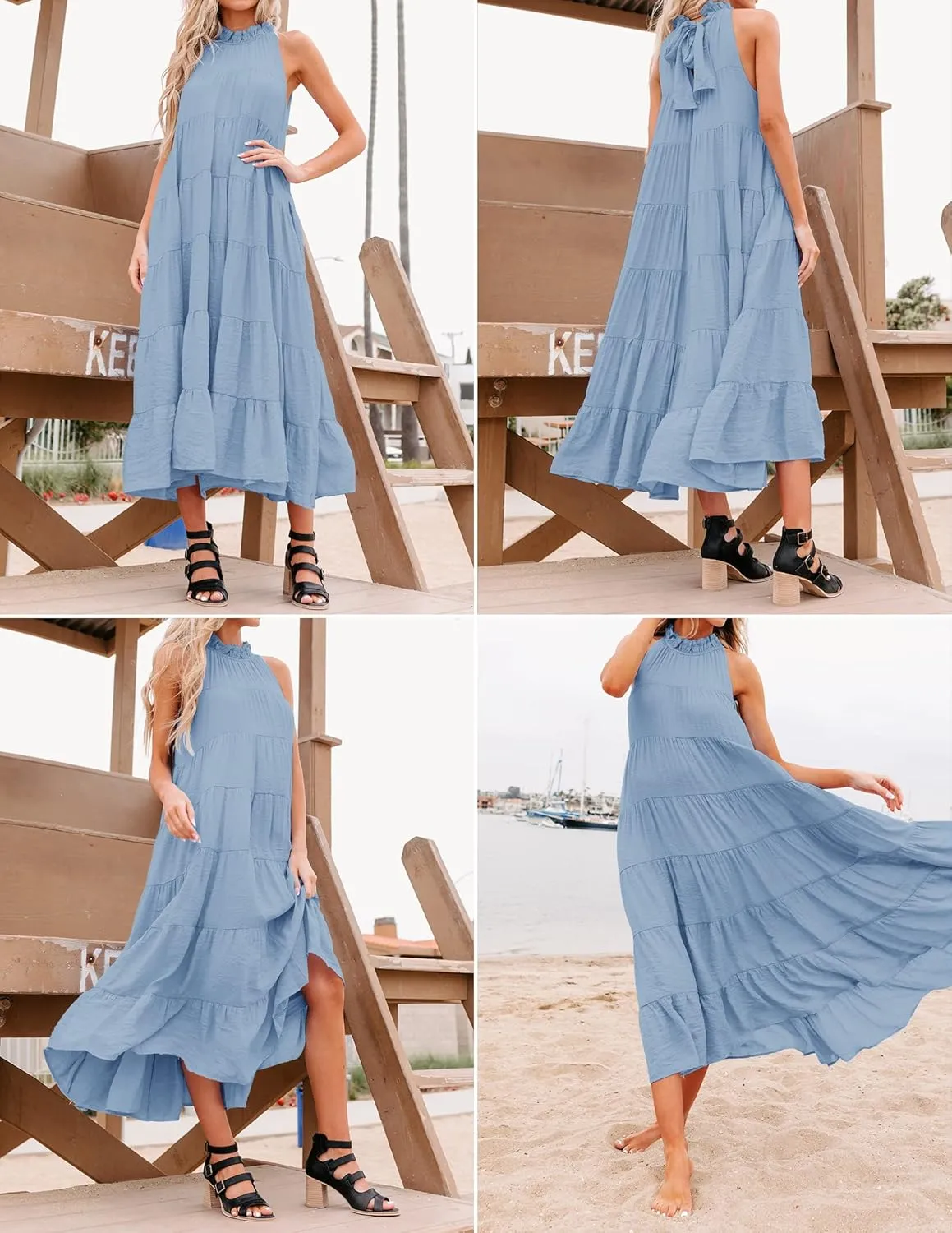HAEOF Women's Summer Sleeveless Halter Midi Maxi Dress Casual Pleated Tiered Flowy Beach Vacation Long Dresses Sundress