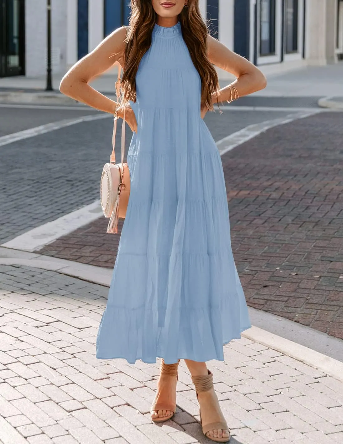 HAEOF Women's Summer Sleeveless Halter Midi Maxi Dress Casual Pleated Tiered Flowy Beach Vacation Long Dresses Sundress