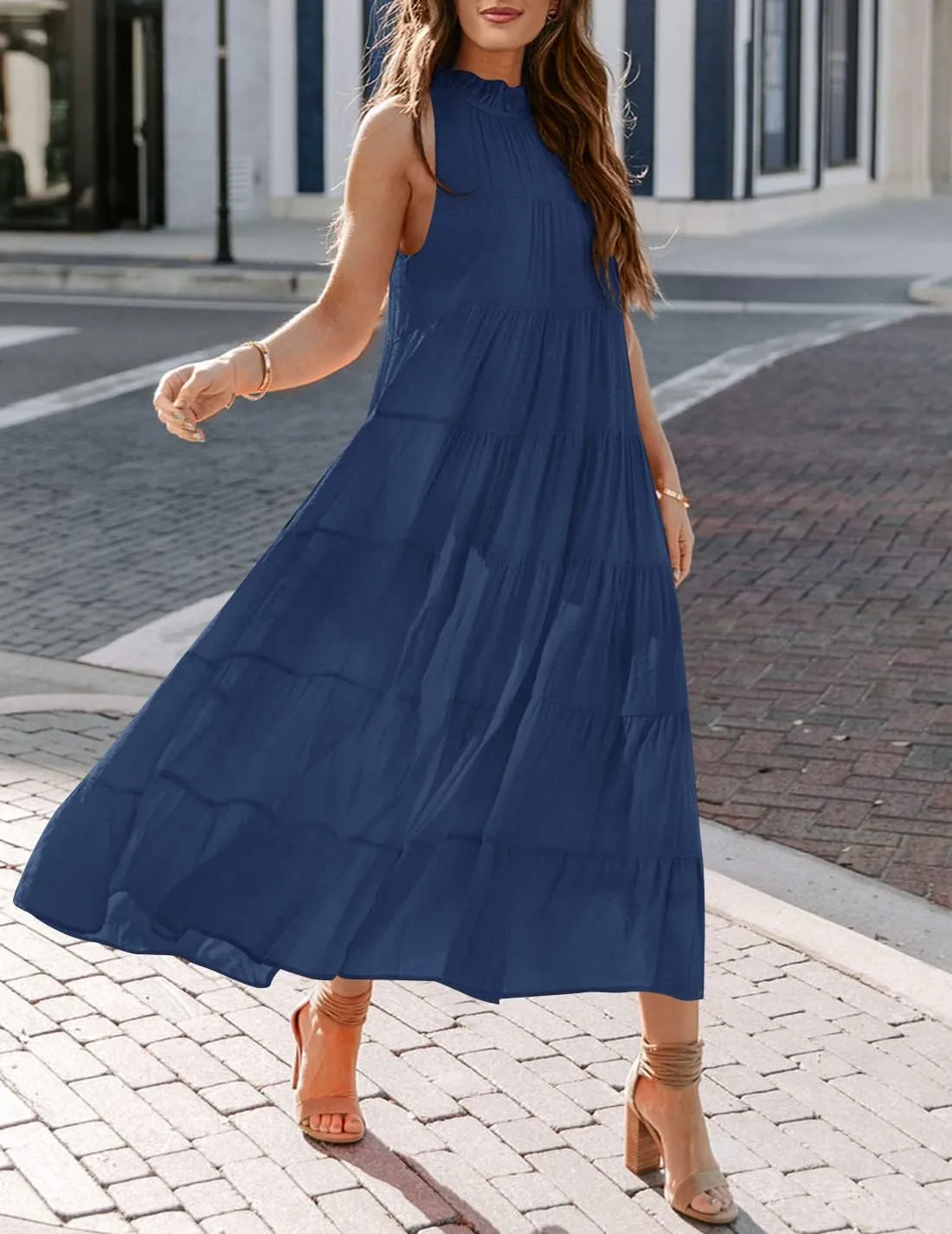HAEOF Women's Summer Sleeveless Halter Midi Maxi Dress Casual Pleated Tiered Flowy Beach Vacation Long Dresses Sundress