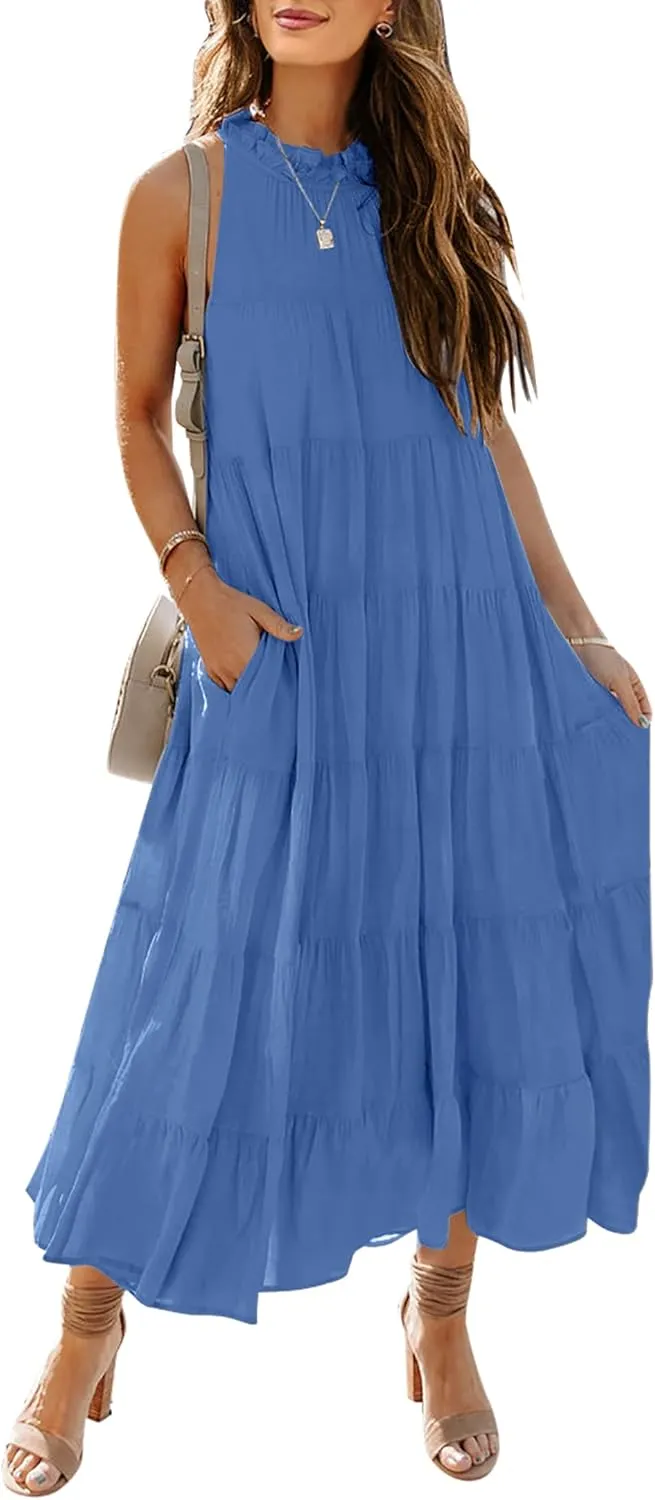 HAEOF Women's Summer Sleeveless Halter Midi Maxi Dress Casual Pleated Tiered Flowy Beach Vacation Long Dresses Sundress