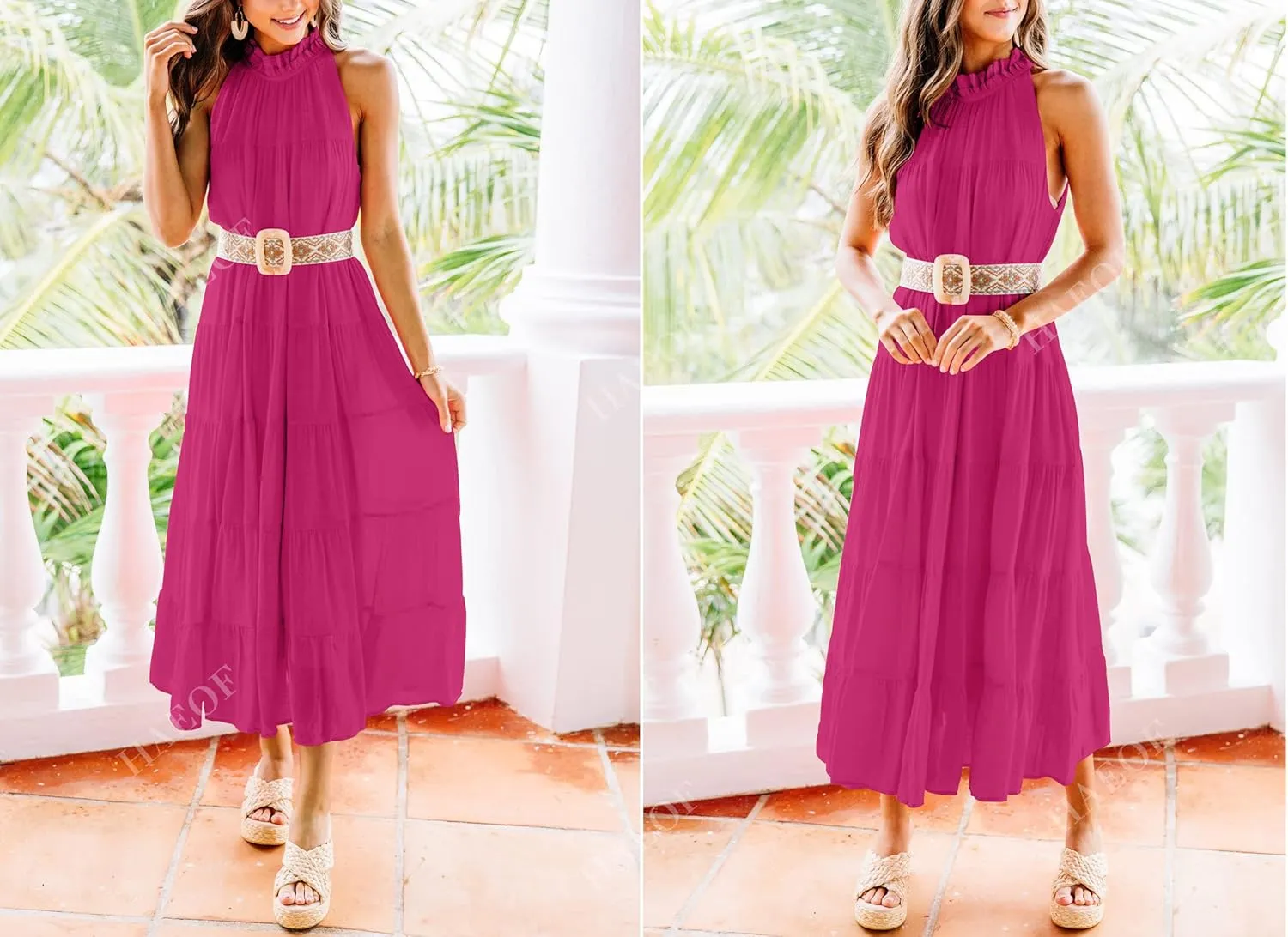 HAEOF Women's Summer Sleeveless Halter Midi Maxi Dress Casual Pleated Tiered Flowy Beach Vacation Long Dresses Sundress