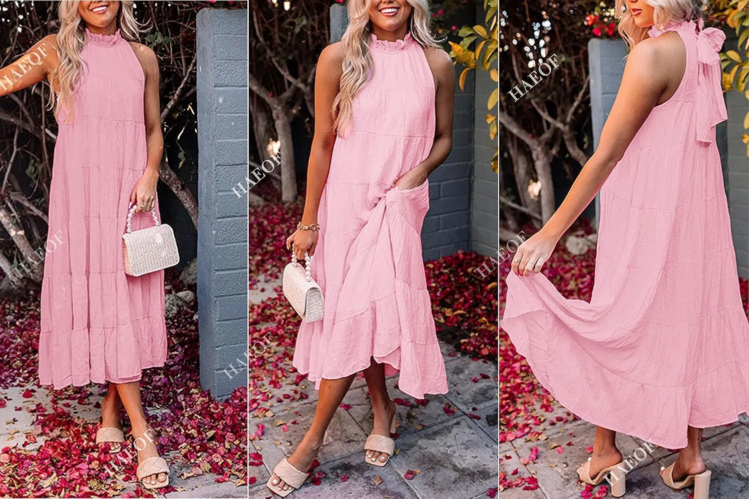 HAEOF Women's Summer Sleeveless Halter Midi Maxi Dress Casual Pleated Tiered Flowy Beach Vacation Long Dresses Sundress