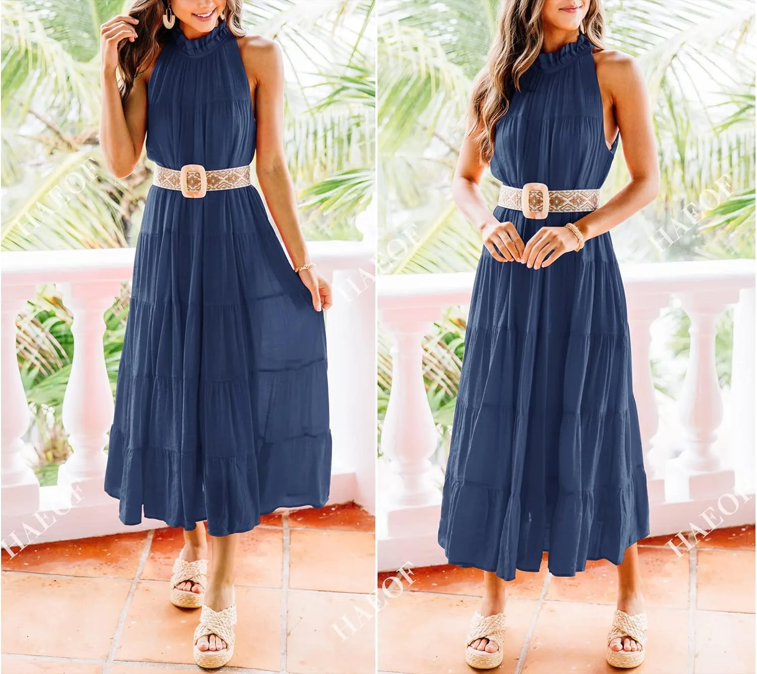 HAEOF Women's Summer Sleeveless Halter Midi Maxi Dress Casual Pleated Tiered Flowy Beach Vacation Long Dresses Sundress