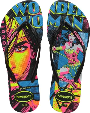 Havaianas Kids Slim Wonder Woman Flip Flops - Kid's Character Sandals - Black/Black, 3Y/4W big kid