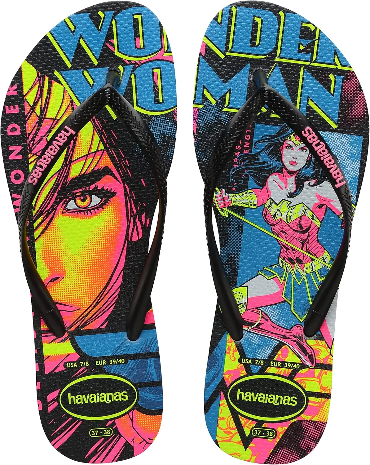 Havaianas Kids Slim Wonder Woman Flip Flops - Kid's Character Sandals - Black/Black, 3Y/4W big kid