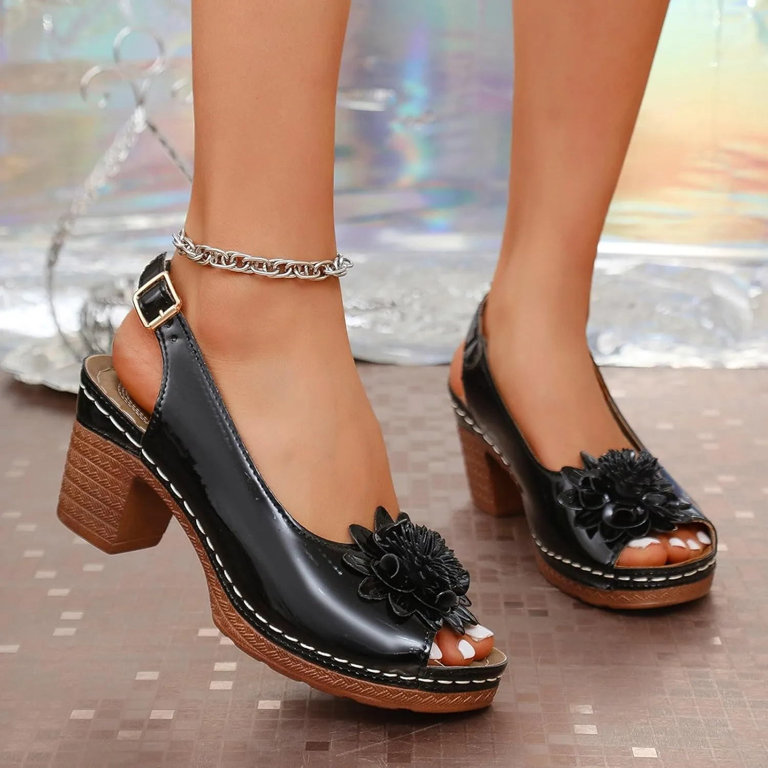 Heeled Sandals for Women Fish Mouth Ankle Strap Classic Short Chunky Sandals with
