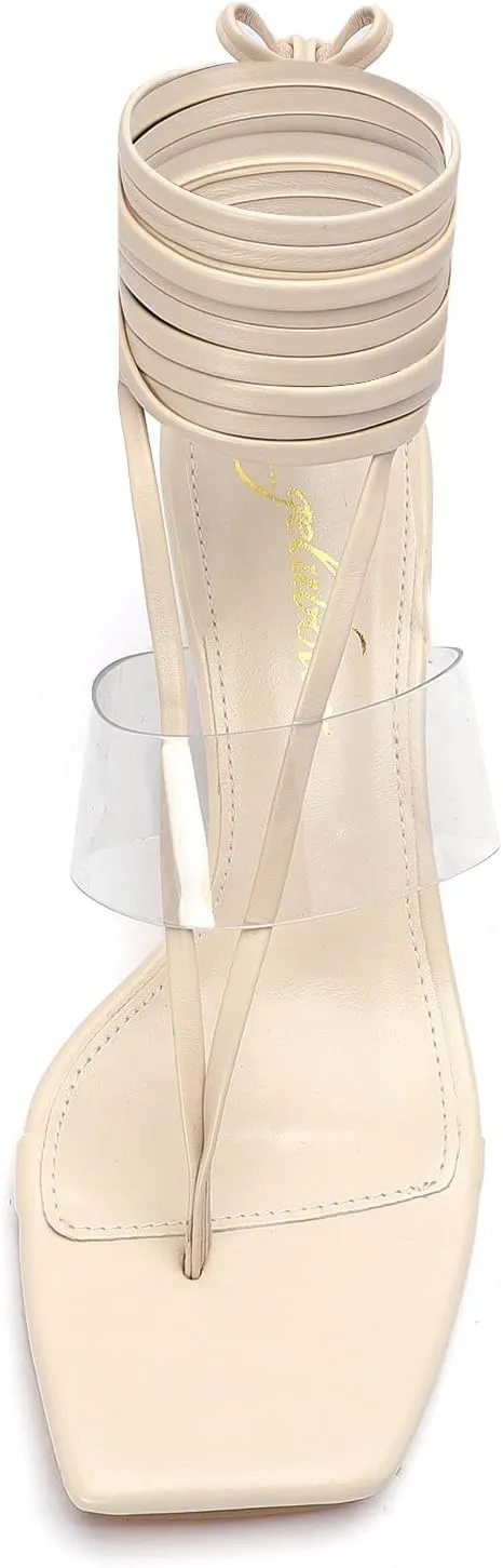 Heels for Women Square Open Toe Lace Up Thong Strappy Heel Sandals Sexy Tie Up Clear Chunky Heeled Sandals for Party Wedding