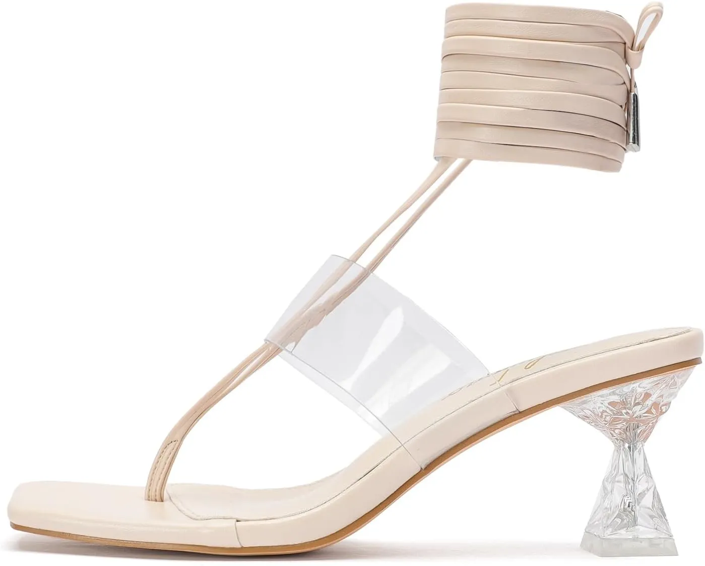 Heels for Women Square Open Toe Lace Up Thong Strappy Heel Sandals Sexy Tie Up Clear Chunky Heeled Sandals for Party Wedding