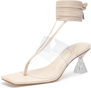 Heels for Women Square Open Toe Lace Up Thong Strappy Heel Sandals Sexy Tie Up Clear Chunky Heeled Sandals for Party Wedding