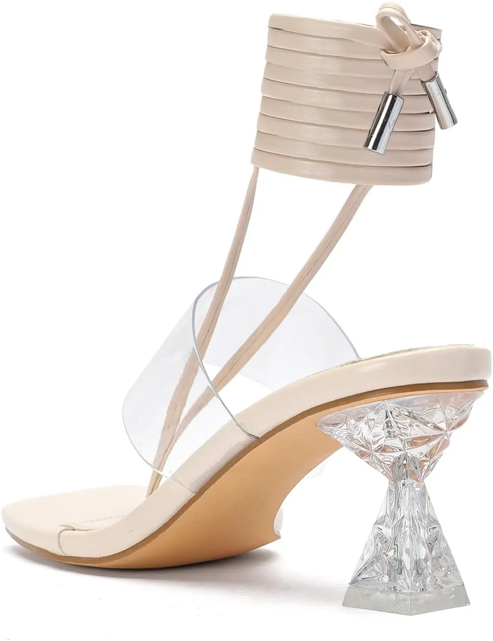 Heels for Women Square Open Toe Lace Up Thong Strappy Heel Sandals Sexy Tie Up Clear Chunky Heeled Sandals for Party Wedding