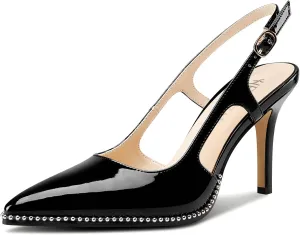 HEUIVZAR Womens Beaded Pumps Slingback Stiletto High Heels Pointed Toe Slip-on Sandals Adjustable Buckle Pearls Patent Leather Dress Shoes 3.5 Inches Heels