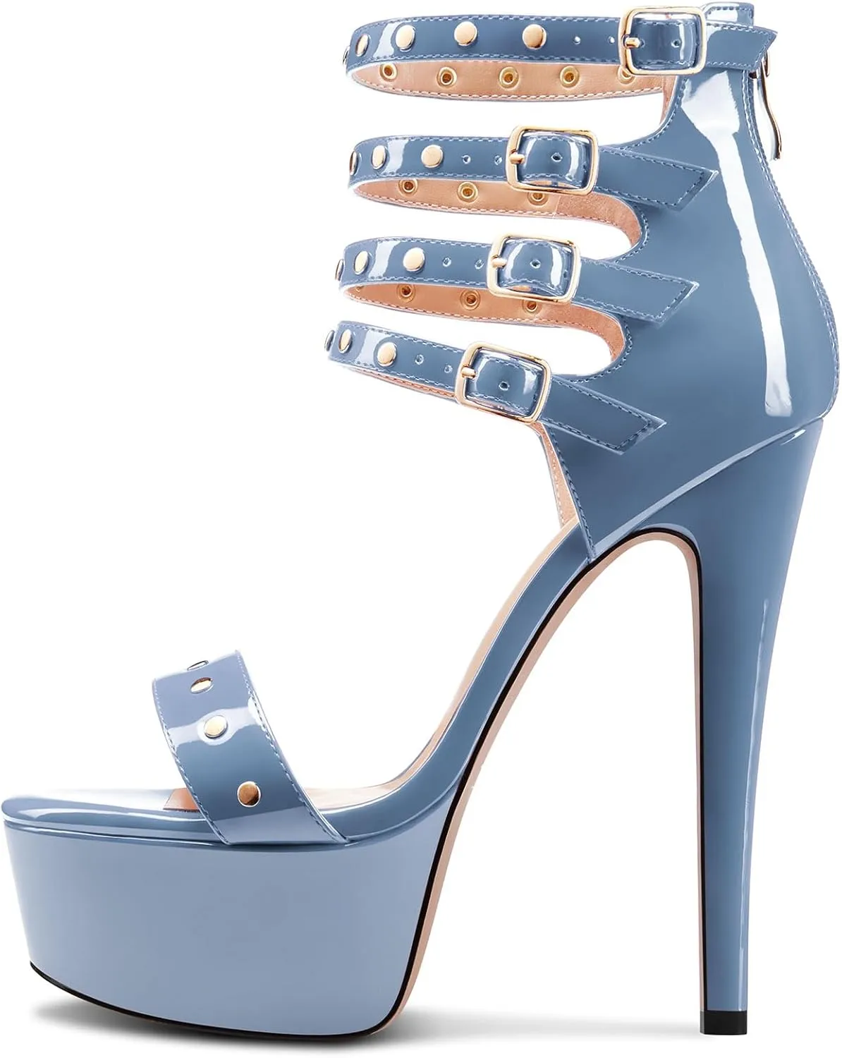 HEUIVZAR Womens Platform Stiletto High Heel Peep Open Toe Sandals Ankle Strap Zipper Buckle Party Gladiator Patent Leather Summer Shoes