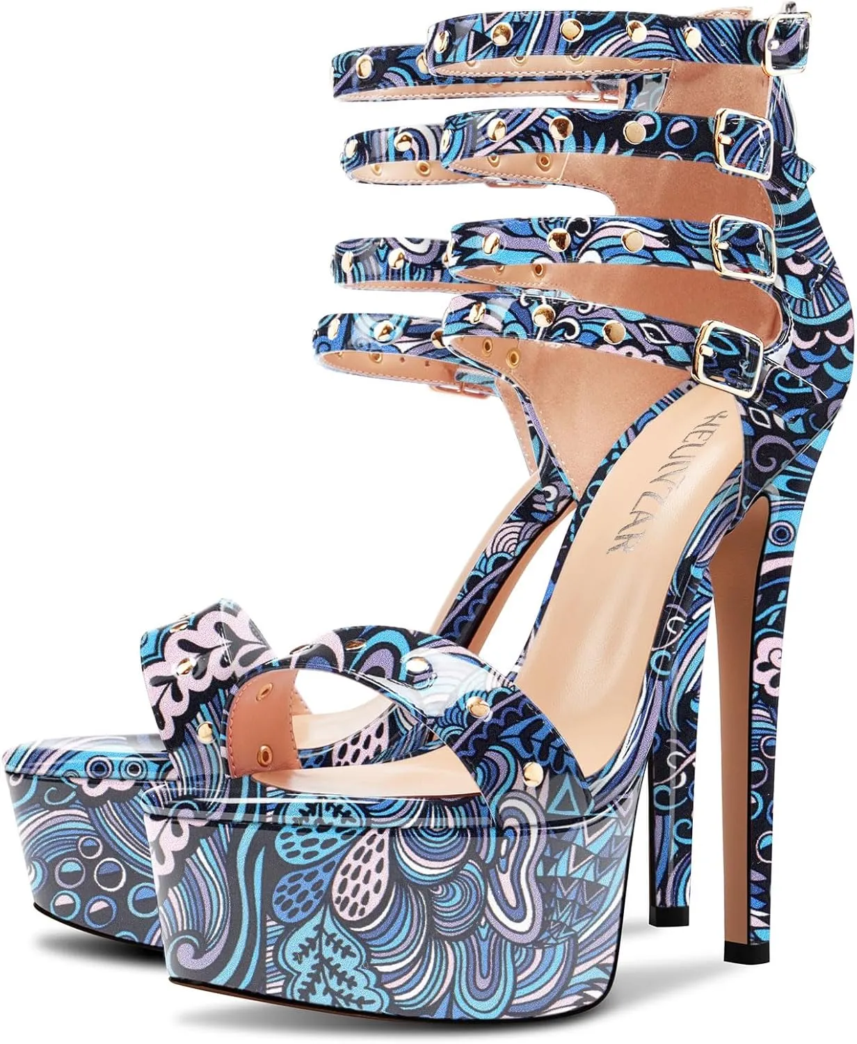 HEUIVZAR Womens Platform Stiletto High Heel Peep Open Toe Sandals Ankle Strap Zipper Buckle Party Gladiator Patent Leather Summer Shoes
