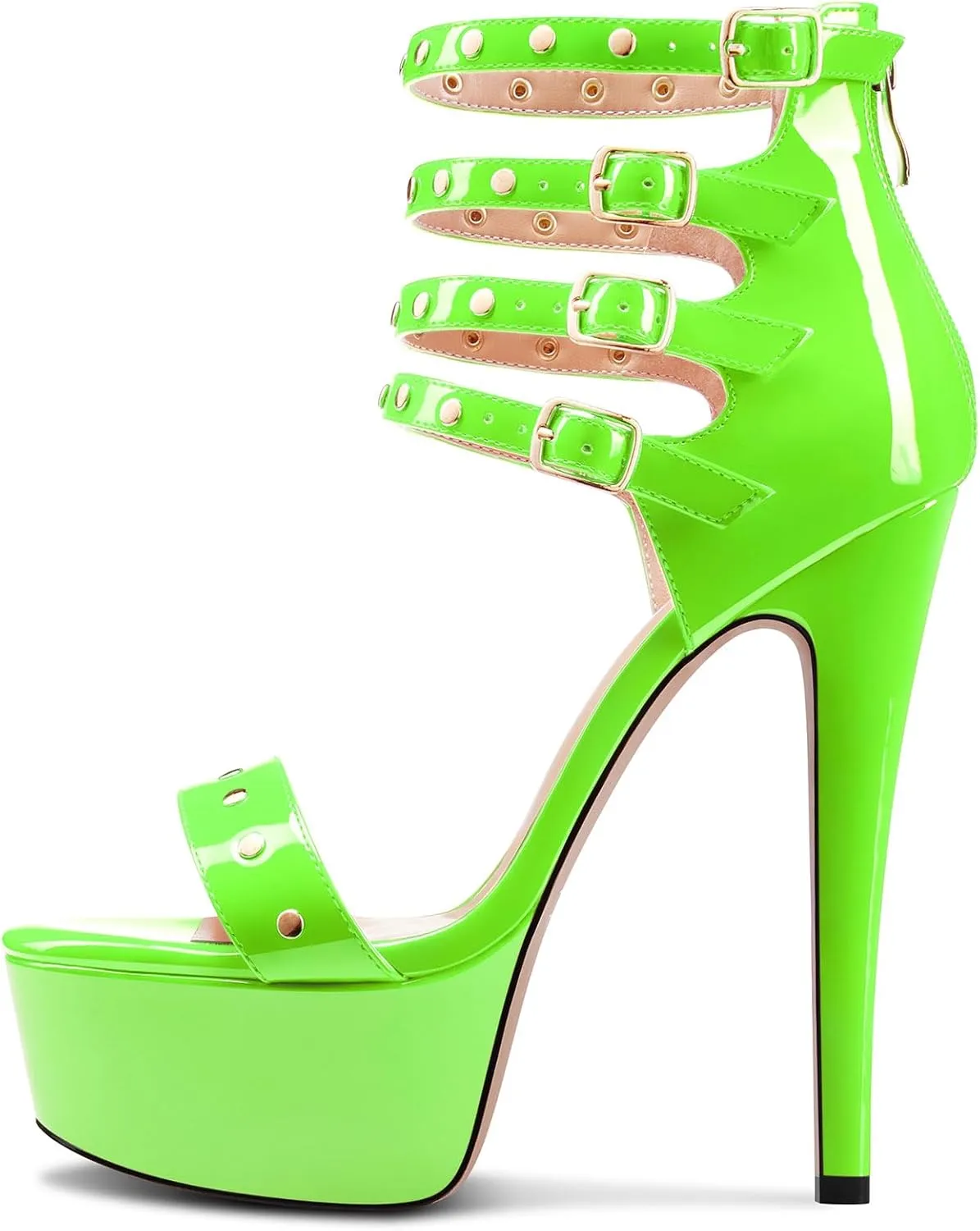 HEUIVZAR Womens Platform Stiletto High Heel Peep Open Toe Sandals Ankle Strap Zipper Buckle Party Gladiator Patent Leather Summer Shoes