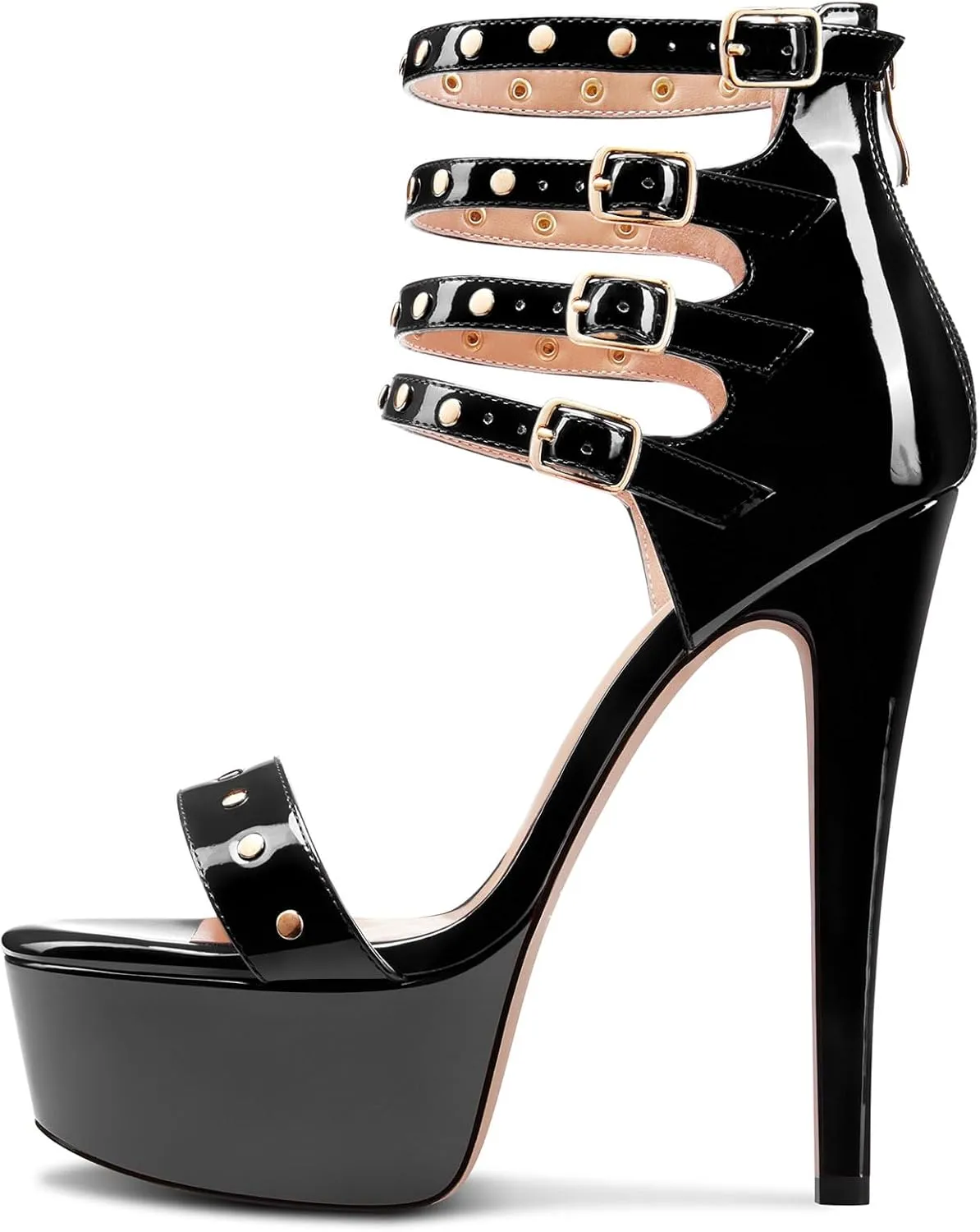 HEUIVZAR Womens Platform Stiletto High Heel Peep Open Toe Sandals Ankle Strap Zipper Buckle Party Gladiator Patent Leather Summer Shoes