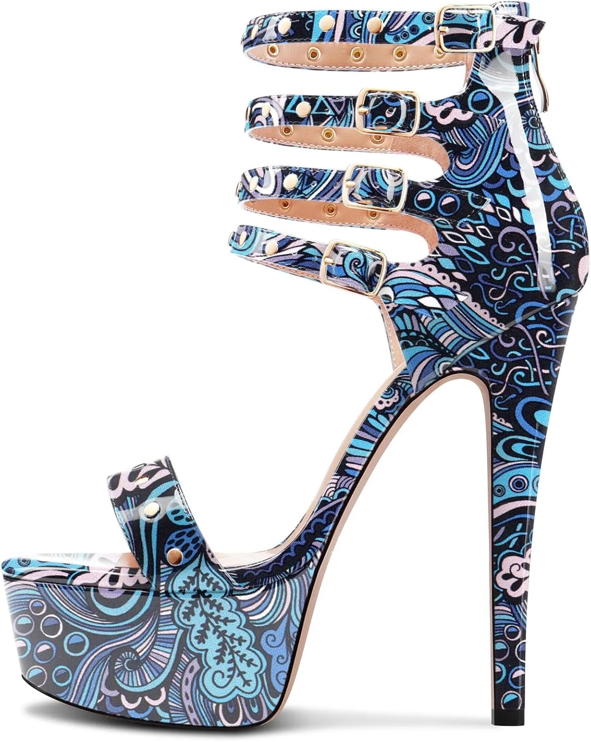 HEUIVZAR Womens Platform Stiletto High Heel Peep Open Toe Sandals Ankle Strap Zipper Buckle Party Gladiator Patent Leather Summer Shoes