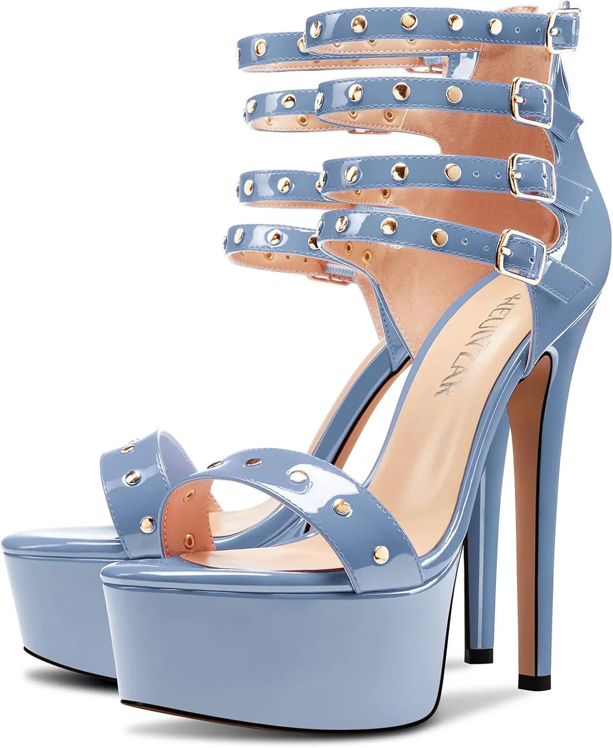 HEUIVZAR Womens Platform Stiletto High Heel Peep Open Toe Sandals Ankle Strap Zipper Buckle Party Gladiator Patent Leather Summer Shoes