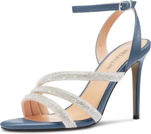 HEUIVZAR Womens Stiletto High Heel Open Toe Ankle Strap Rhinestone Crystal Sandals Prom Party Sexy Gladiator Shoes 3.9 Inches Heels