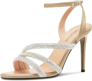 HEUIVZAR Womens Stiletto High Heel Open Toe Ankle Strap Rhinestone Crystal Sandals Prom Party Sexy Gladiator Shoes 3.9 Inches Heels