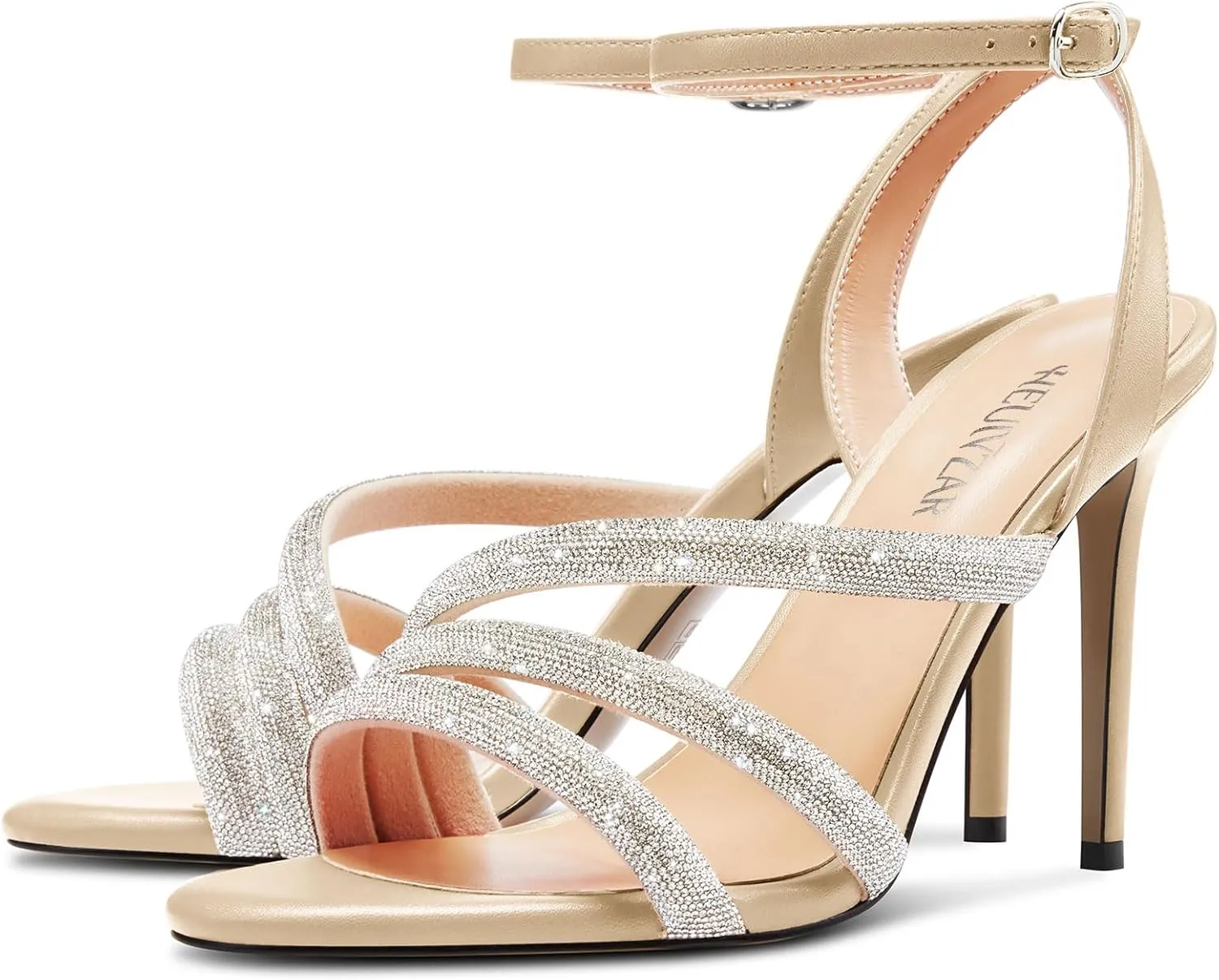 HEUIVZAR Womens Stiletto High Heel Open Toe Ankle Strap Rhinestone Crystal Sandals Prom Party Sexy Gladiator Shoes 3.9 Inches Heels