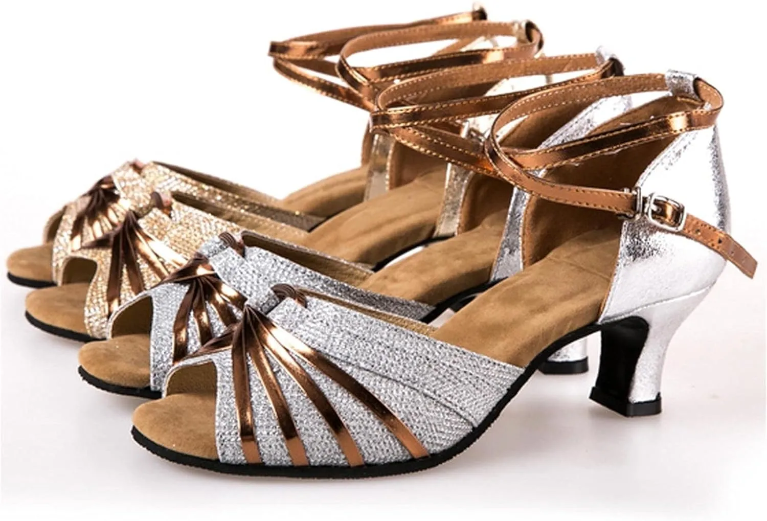 High Heels for Women Latin Dance Shoes Open Toe Heels with Ankle Strap Satin Ballroom Practice Performance Shoes