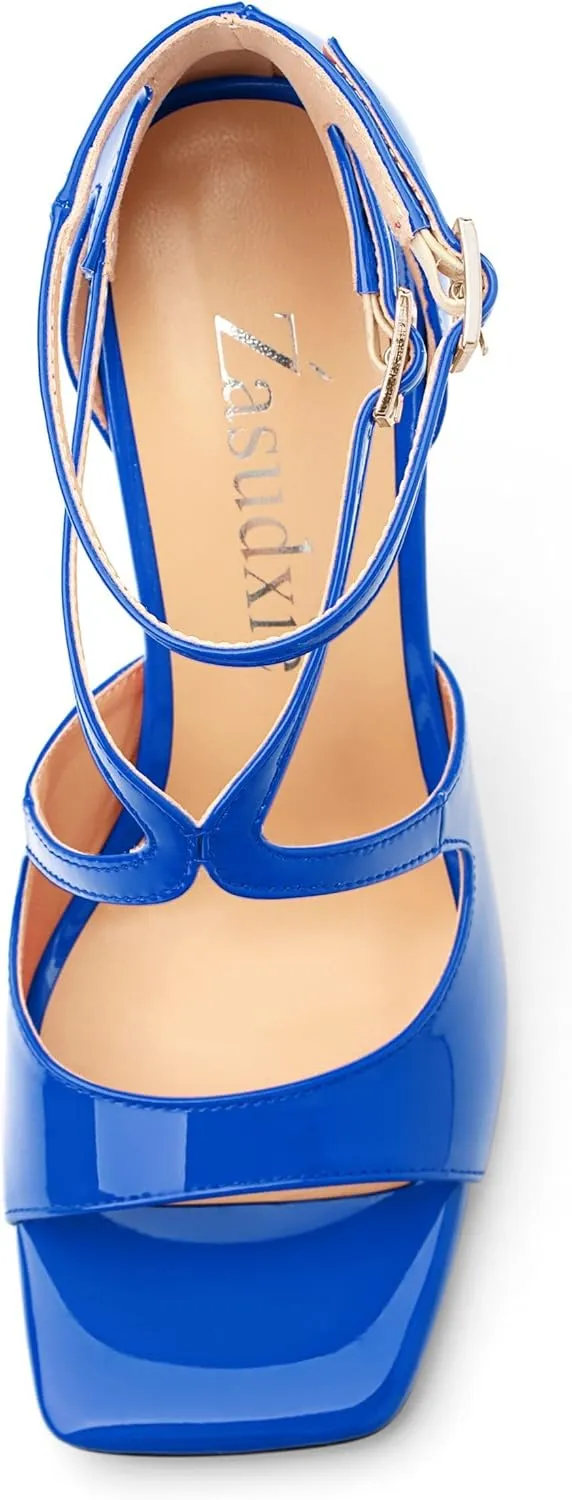 High Heels for Women, Women's Stiletto Heels Cross Strappy Square Open Toe Sexy Sandals Ankle Strap Buckle High Heels Fashion Dress Prom Sandals