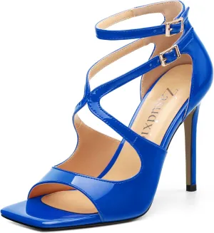 High Heels for Women, Women's Stiletto Heels Cross Strappy Square Open Toe Sexy Sandals Ankle Strap Buckle High Heels Fashion Dress Prom Sandals