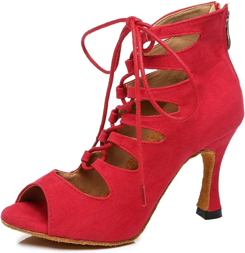 HROYL Women's Open Toe Ankle Dance Boots Latin Salsa Ballrooom Performence Wedding Party Dance Heels,YCL456