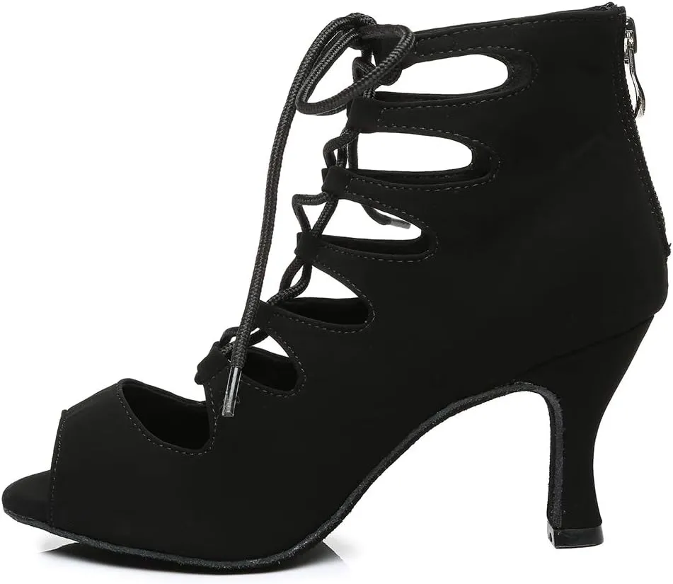 HROYL Women's Open Toe Ankle Dance Boots Latin Salsa Ballrooom Performence Wedding Party Dance Heels,YCL456