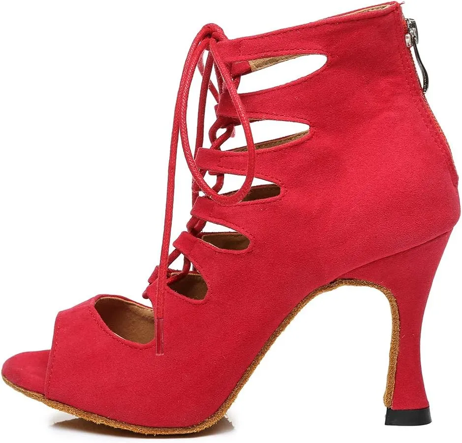 HROYL Women's Open Toe Ankle Dance Boots Latin Salsa Ballrooom Performence Wedding Party Dance Heels,YCL456