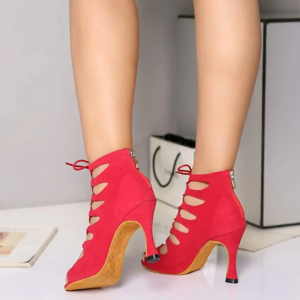 HROYL Women's Open Toe Ankle Dance Boots Latin Salsa Ballrooom Performence Wedding Party Dance Heels,YCL456