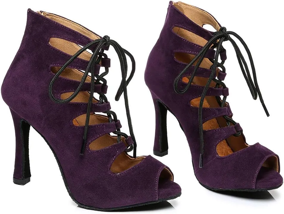HROYL Women's Open Toe Ankle Dance Boots Latin Salsa Ballrooom Performence Wedding Party Dance Heels,YCL456